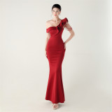 Women ruffled one-shoulder beaded fishtail formal party evening dress