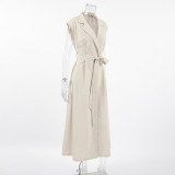 Women French Turndown Collar Belt Dress