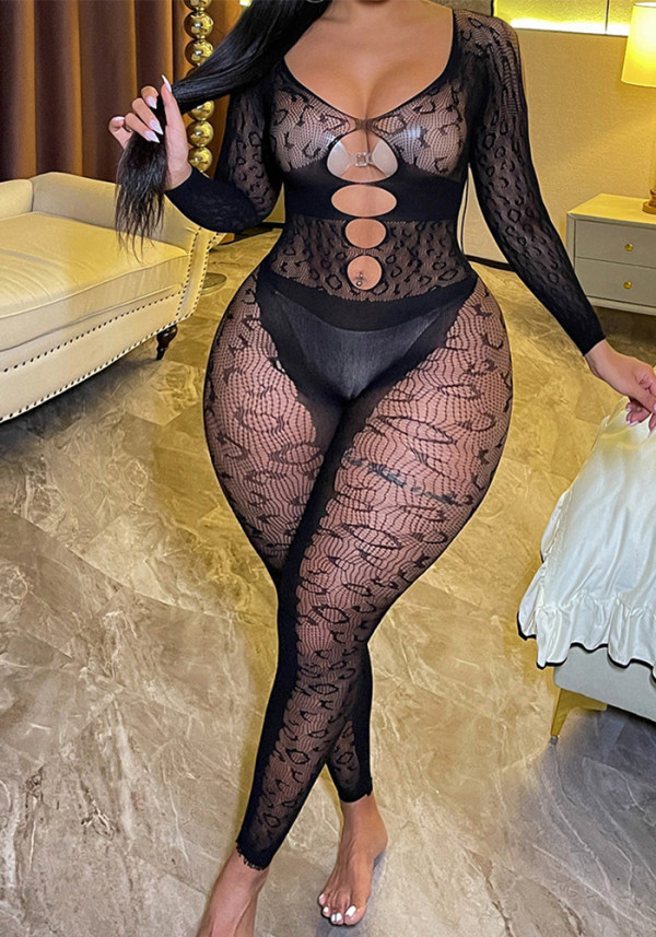 Women long-sleeved backless jacquard net sexy hollow bodysuit sexy lingerie