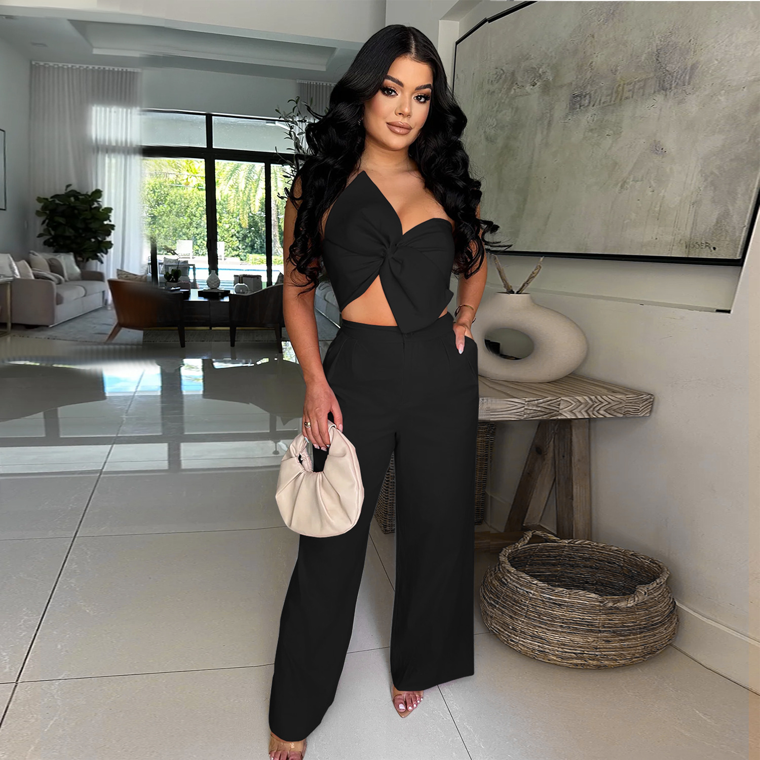 Women Sexy Bowknot Top and Pants Two Piece Set