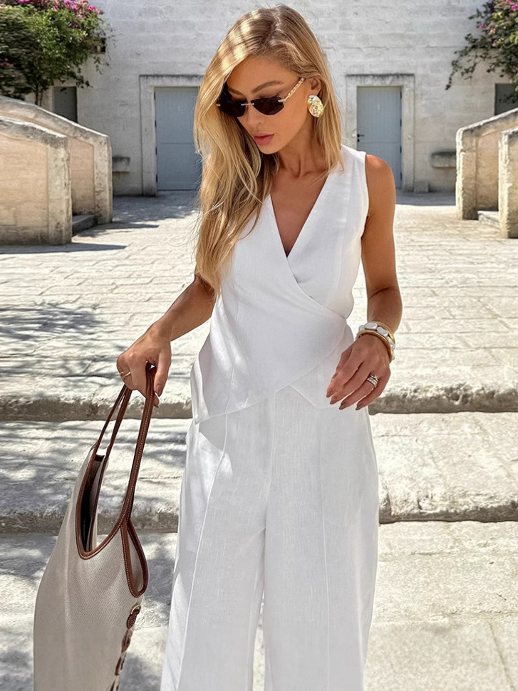Women White V-Neck Lace-Up Vest and Pants Two Piece Set