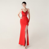 Women beaded tube pleated waist bow embroidery formal party evening dress