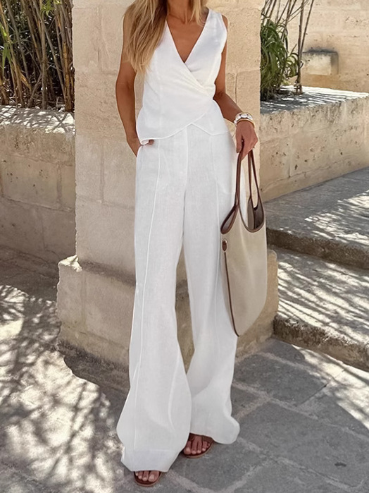 Women White V-Neck Lace-Up Vest and Pants Two Piece Set