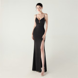 Women fishbone lace-up V neck suspender sexy formal party fishtail evening dress