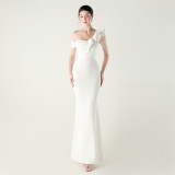 Women ruffled one-shoulder beaded fishtail formal party evening dress