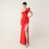 Women pleated one-shoulder beaded ruffle fishtail formal party evening dress