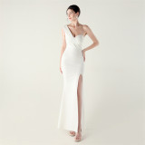 Women sexy and elegant evening beaded one-shoulder slit evening dress