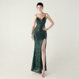 Women beaded tube sequin spaghetti strap cross lace-up evening slit evening dress
