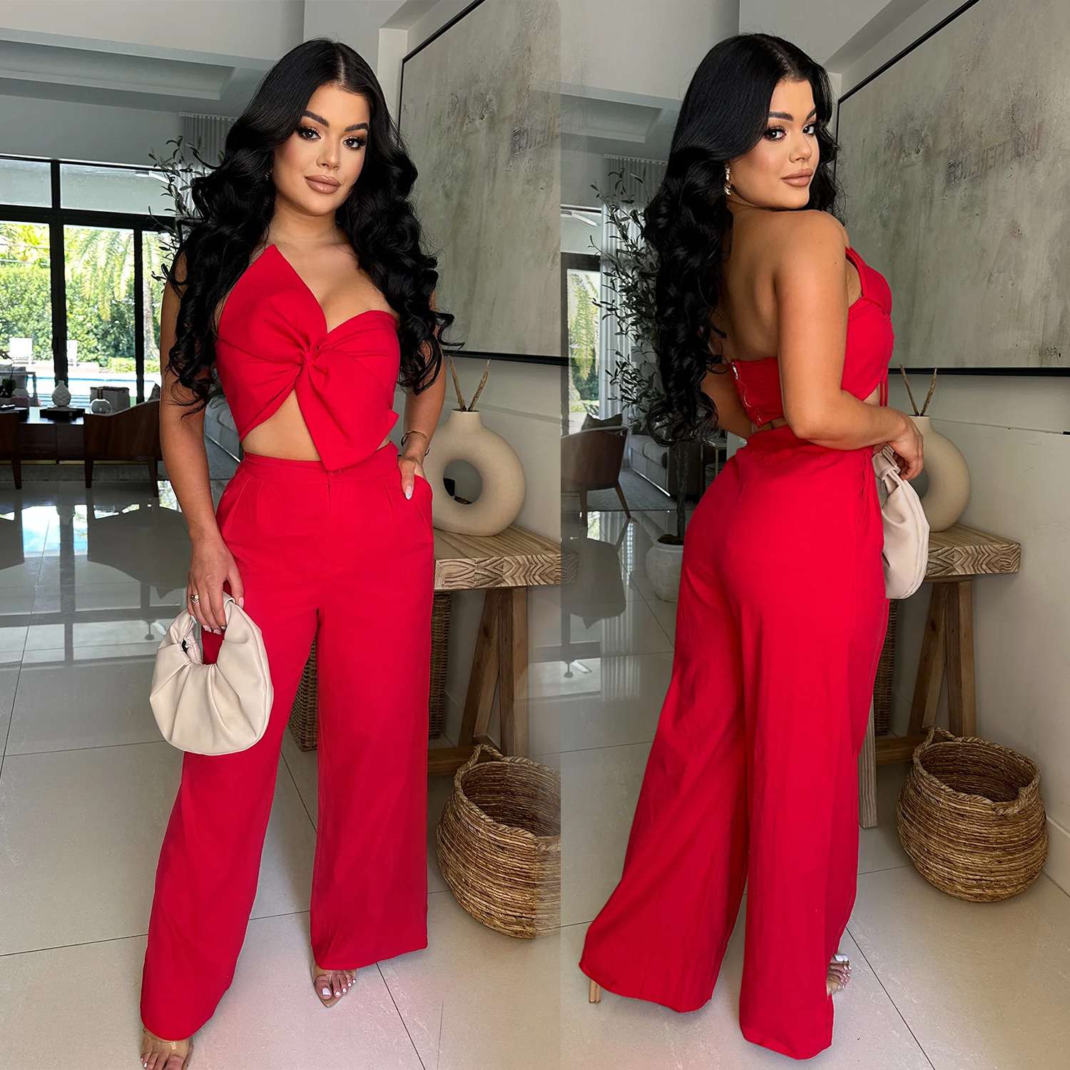 Women Sexy Bowknot Top and Pants Two Piece Set