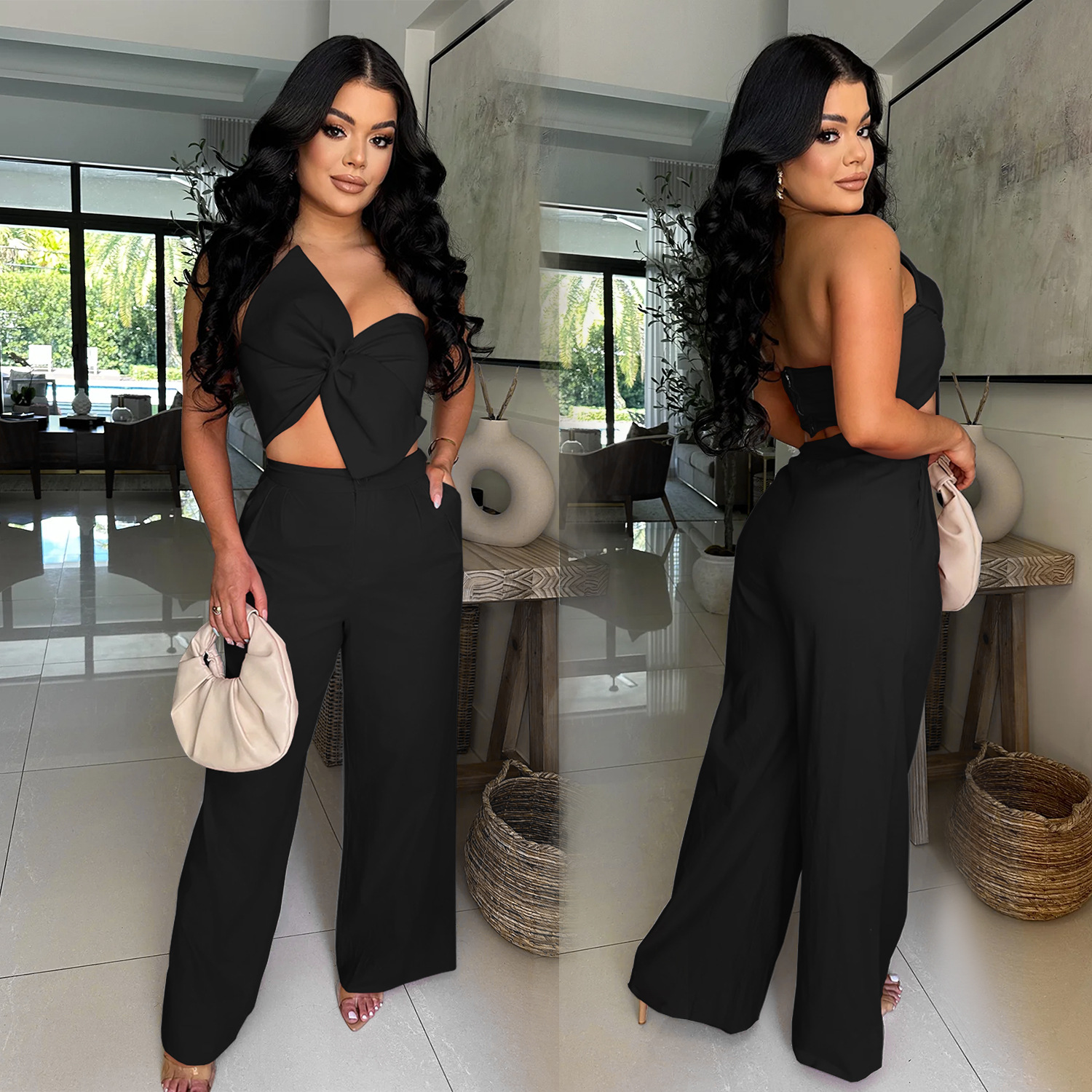 Women Sexy Bowknot Top and Pants Two Piece Set