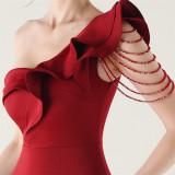 Women ruffled one-shoulder beaded fishtail formal party evening dress