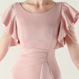 Women beaded tube V neck ruffle draped bead chain bead formal party evening dress