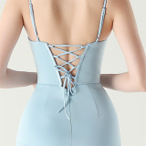 Women fishbone lace-up V neck suspender sexy formal party fishtail evening dress