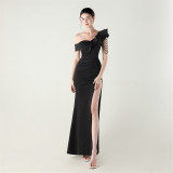 Women pleated one-shoulder beaded ruffle fishtail formal party evening dress