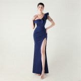 Women pleated one-shoulder beaded ruffle fishtail formal party evening dress