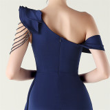 Women pleated one-shoulder beaded ruffle fishtail formal party evening dress