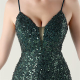 Women beaded tube sequin spaghetti strap cross lace-up evening slit evening dress