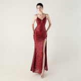 Women beaded tube sequin spaghetti strap cross lace-up evening slit evening dress