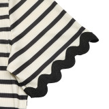 Women Casual Striped Lace Patchwork Top and Lace Shorts Two Piece Set