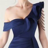 Women pleated one-shoulder beaded ruffle fishtail formal party evening dress