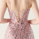 Women beaded tube sequin spaghetti strap cross lace-up evening slit evening dress