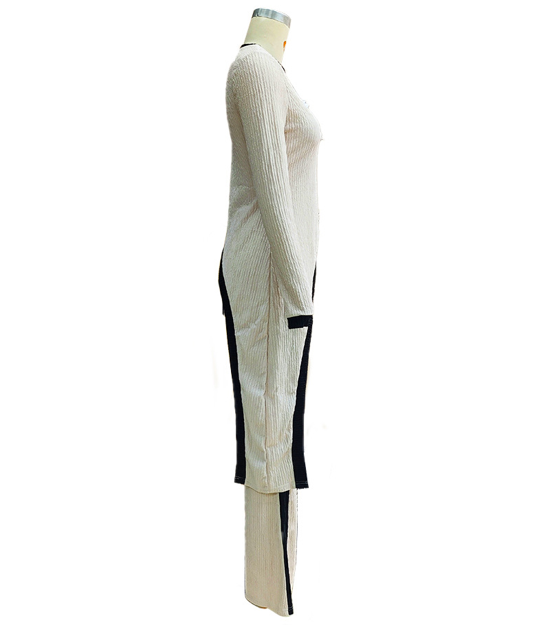 Women Round Neck Contrast Color Long Sleeve Top and Pants Casual Two Piece Set