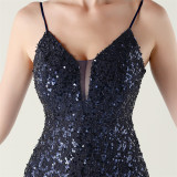 Women beaded tube sequin spaghetti strap cross lace-up evening slit evening dress