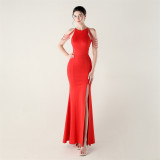 Women beaded off-shoulder one-shoulder slit evening dress