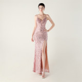 Women beaded tube sequin spaghetti strap cross lace-up evening slit evening dress