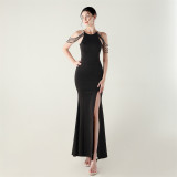 Women beaded off-shoulder one-shoulder slit evening dress