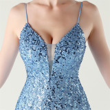 Women beaded tube sequin spaghetti strap cross lace-up evening slit evening dress