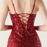 Women beaded tube sequin spaghetti strap cross lace-up evening slit evening dress