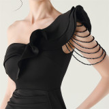 Women pleated one-shoulder beaded ruffle fishtail formal party evening dress