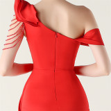 Women pleated one-shoulder beaded ruffle fishtail formal party evening dress