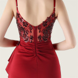 Women beaded tube pleated waist bow embroidery formal party evening dress