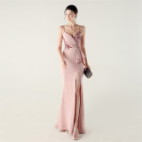 Women beaded tube pleated waist bow embroidery formal party evening dress