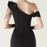Women pleated one-shoulder beaded ruffle fishtail formal party evening dress