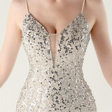 Women beaded tube sequin spaghetti strap cross lace-up evening slit evening dress