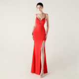 Women fishbone lace-up V neck suspender sexy formal party fishtail evening dress