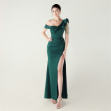 Women pleated one-shoulder beaded ruffle fishtail formal party evening dress