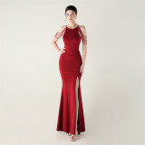 Women beaded off-shoulder one-shoulder slit evening dress