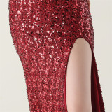 Women beaded tube sequin spaghetti strap cross lace-up evening slit evening dress