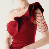 Women pleated one-shoulder beaded ruffle fishtail formal party evening dress