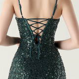 Women beaded tube sequin spaghetti strap cross lace-up evening slit evening dress