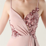 Women beaded tube pleated waist bow embroidery formal party evening dress