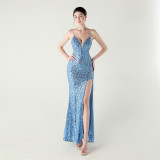 Women beaded tube sequin spaghetti strap cross lace-up evening slit evening dress