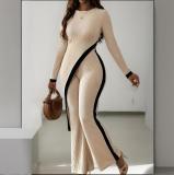 Women  Round Neck Contrast Color Long Sleeve Top and Pants Casual Two Piece Set