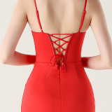 Women fishbone lace-up V neck suspender sexy formal party fishtail evening dress