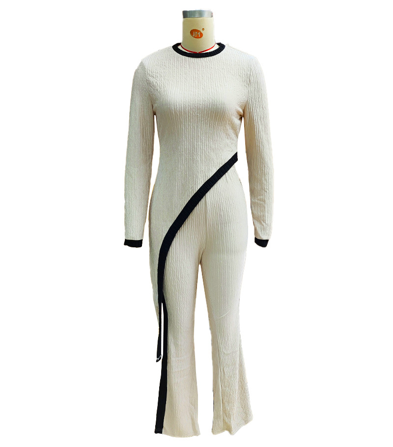 Women Round Neck Contrast Color Long Sleeve Top and Pants Casual Two Piece Set