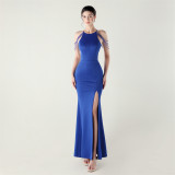 Women beaded off-shoulder one-shoulder slit evening dress